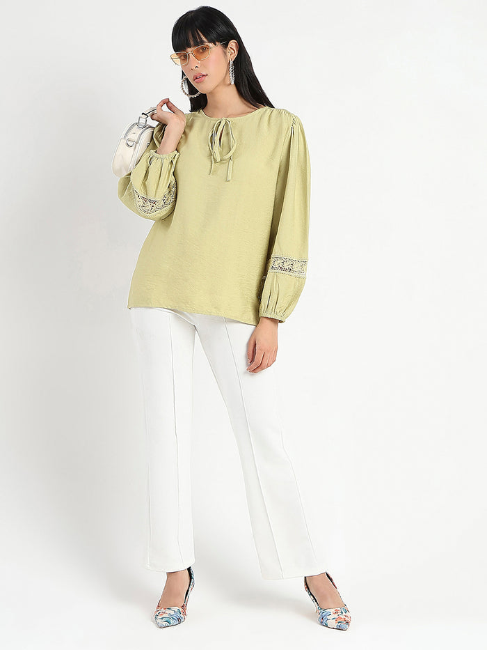 Madame Tie Neck Green Rayon Blend Top