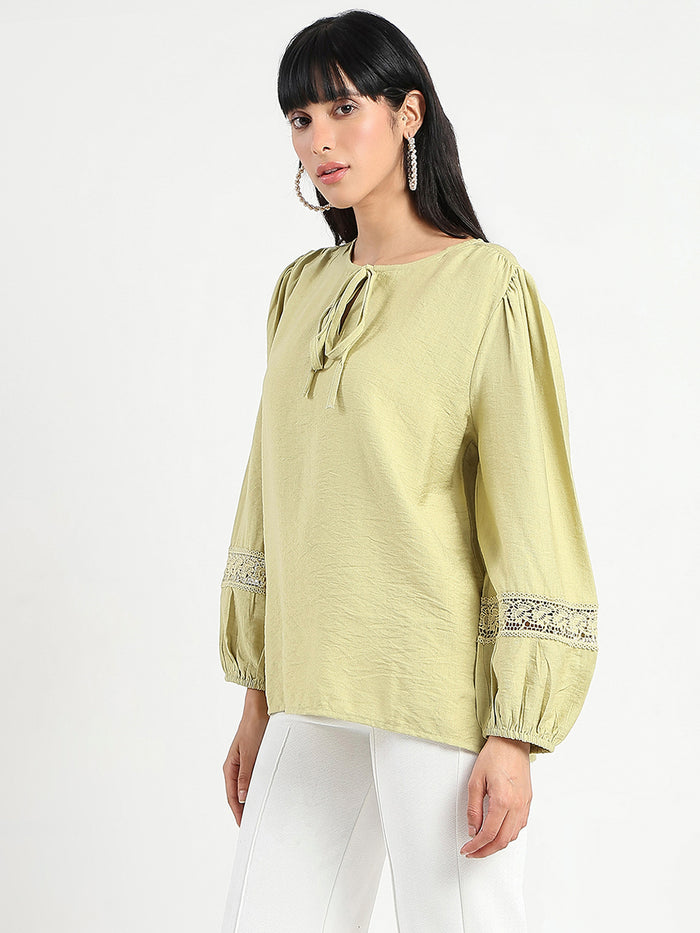 Madame Tie Neck Green Rayon Blend Top