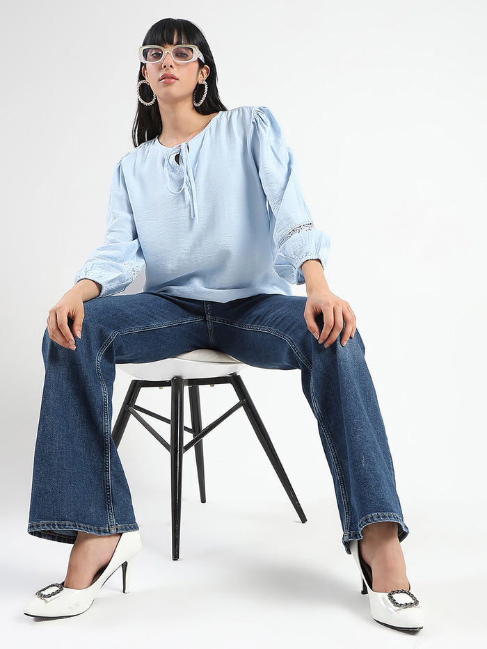 Madame Tie Neck Powder Blue Rayon Blend Top