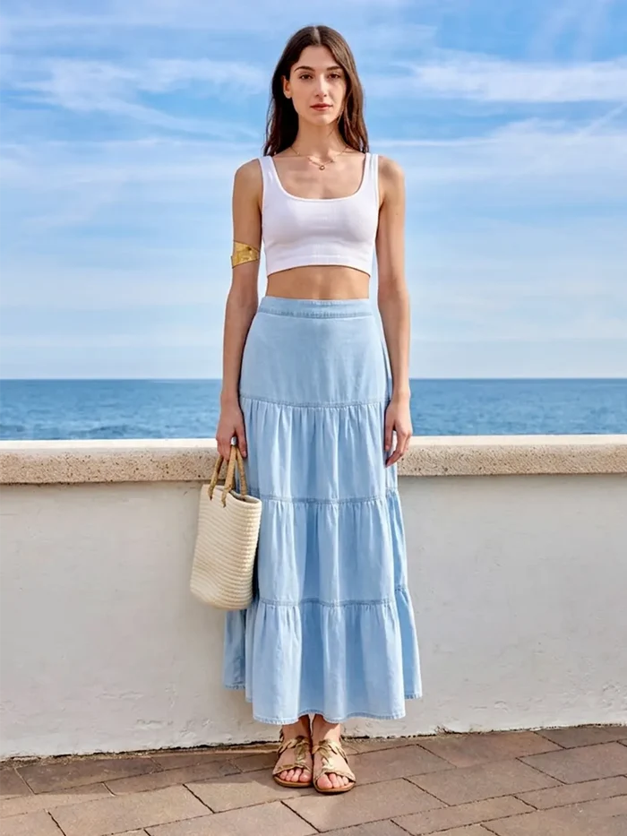 Woman in a white top and light blue skirt standing by the ocean.