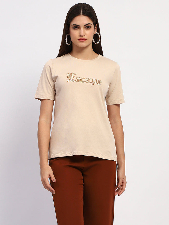Madame Typography Print Crew Neck Cotton Beige Top