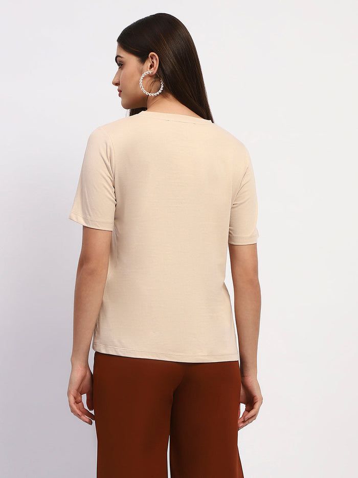 Madame Typography Print Crew Neck Cotton Beige Top