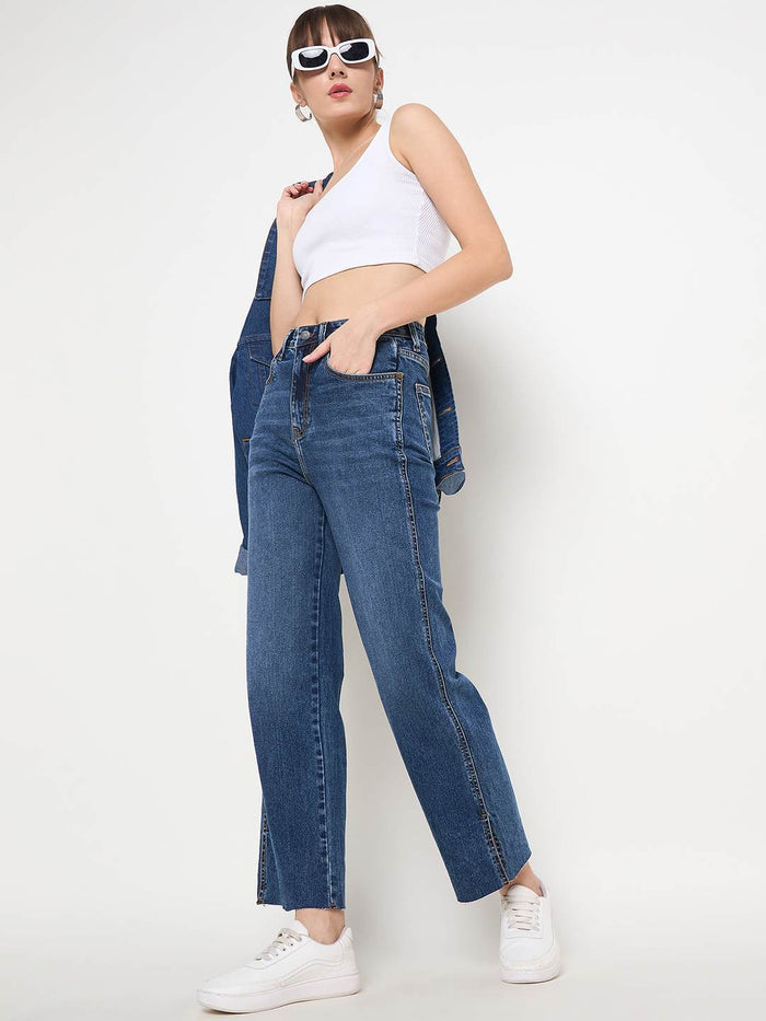 Madame Whiskered Cotton Blend Mid Blue Denim Jeans