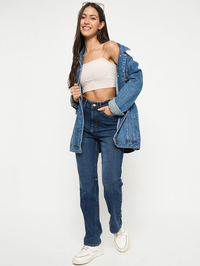 Madame Whiskered Dark Blue Cotton Blend Straight Jeans