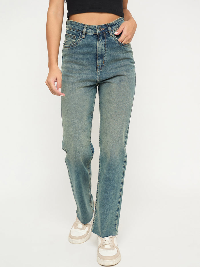 Madame Whiskered Tinted Green Cotton Blend Jeans