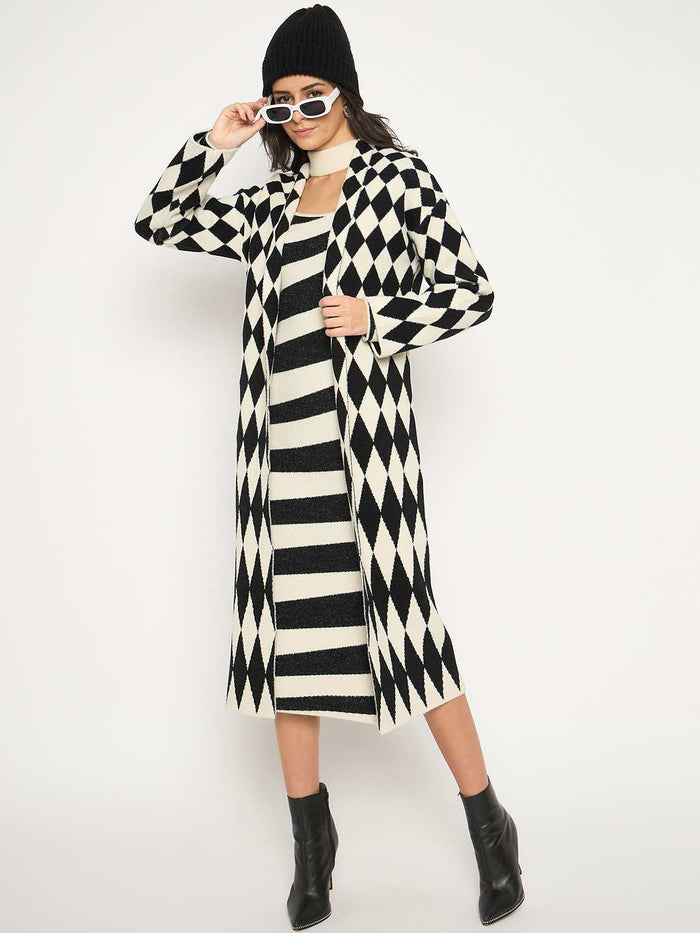 Madame Zebra Striped Dress with Geometric Print Shrug Black Co-Ord Set