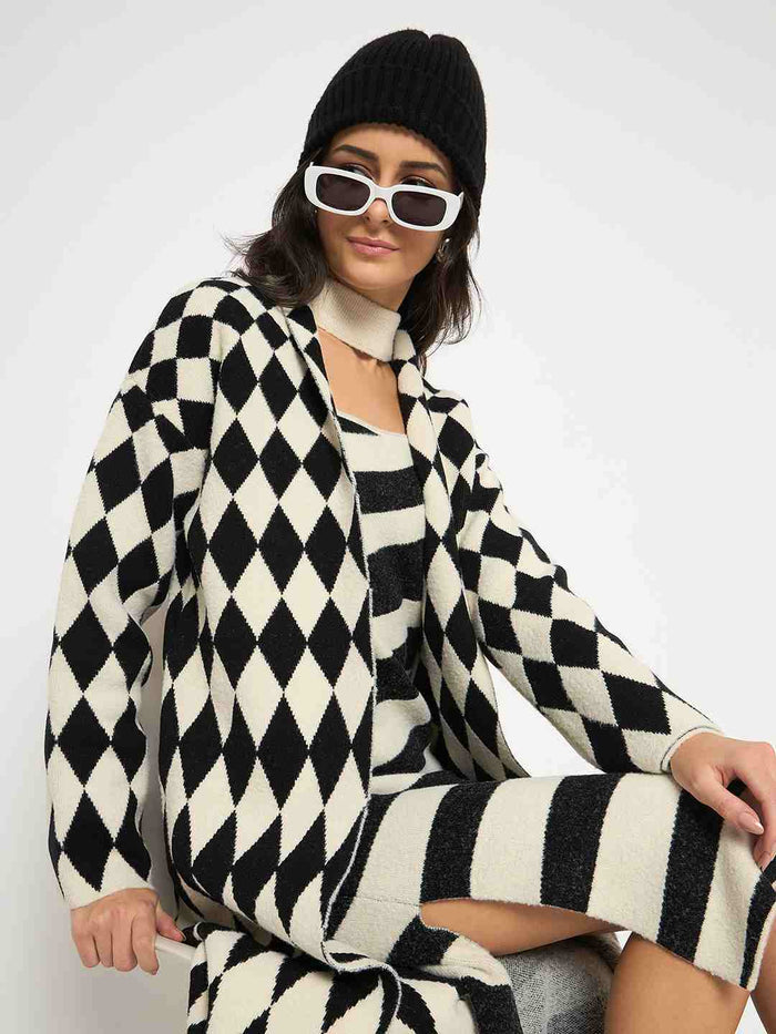 Madame Zebra Striped Dress with Geometric Print Shrug Black Co-Ord Set