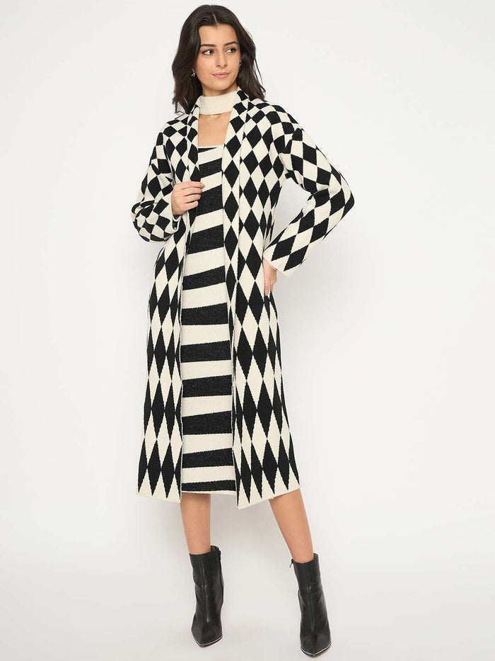 Madame Zebra Striped Dress with Geometric Print Shrug Black Co-Ord Set