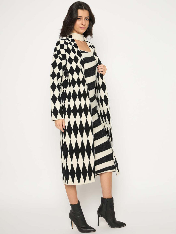 Madame Zebra Striped Dress with Geometric Print Shrug Black Co-Ord Set