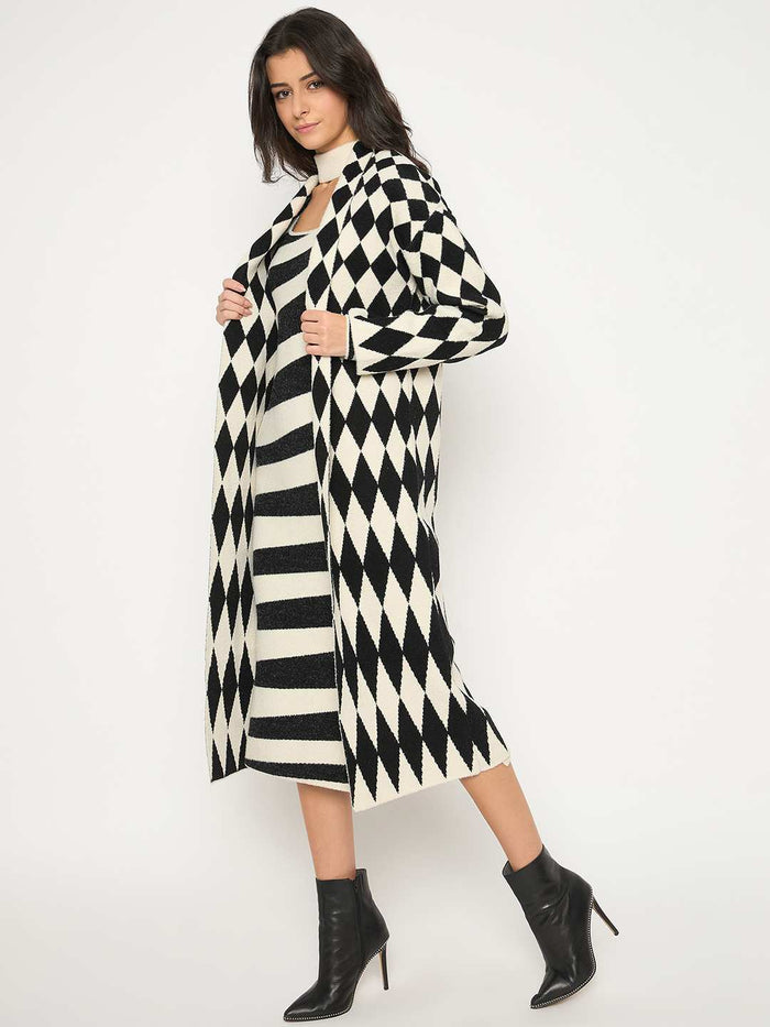 Madame Zebra Striped Dress with Geometric Print Shrug Black Co-Ord Set