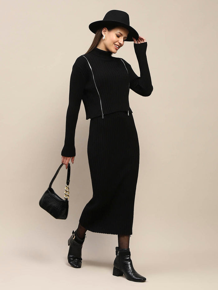 Madame Zip Detailed Top and Skirt Black Co-Ord Set