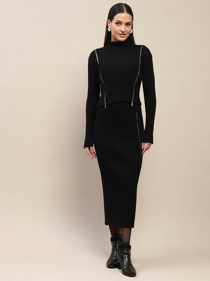 Madame Zip Detailed Top and Skirt Black Co-Ord Set