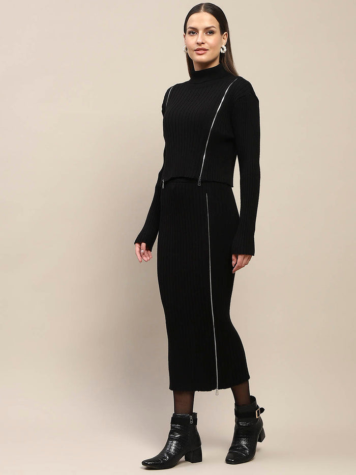 Madame Zip Detailed Top and Skirt Black Co-Ord Set