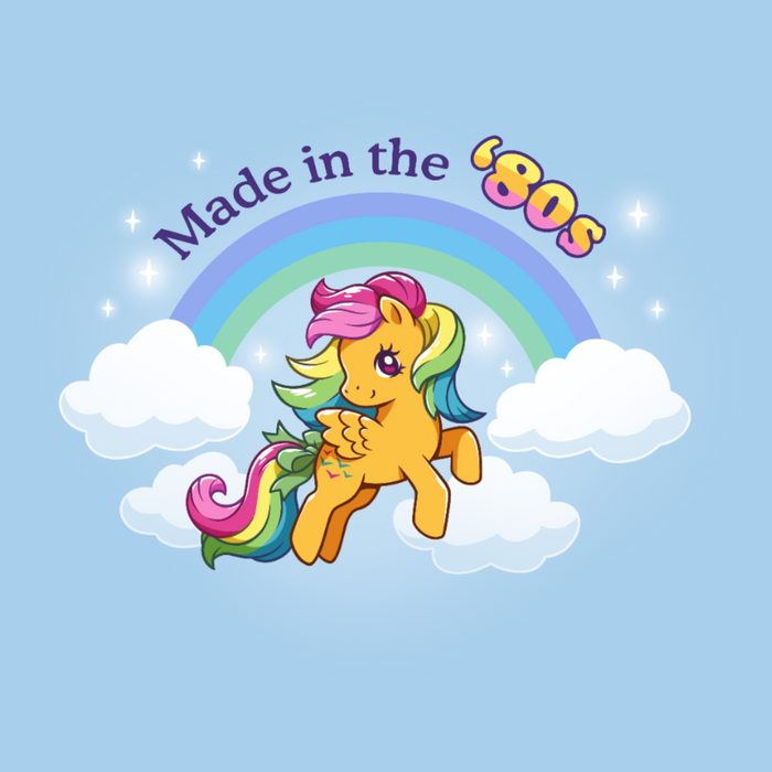 Premium Cotton T-shirt_TeeTurtle light blue Made In the '80s (Skydancer) Premium Cotton T-shirt featuring a cute version of My Little Pony Skydancer in front of a rainbow and the text "Made in the '80s"