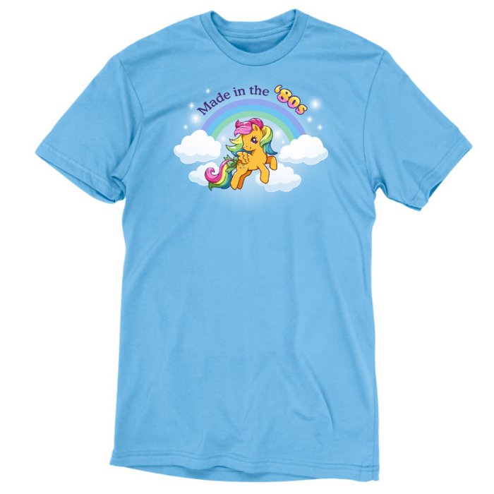 Premium Cotton T-shirt_TeeTurtle light blue Made In the '80s (Skydancer) Premium Cotton T-shirt featuring a cute version of My Little Pony Skydancer in front of a rainbow and the text "Made in the '80s"