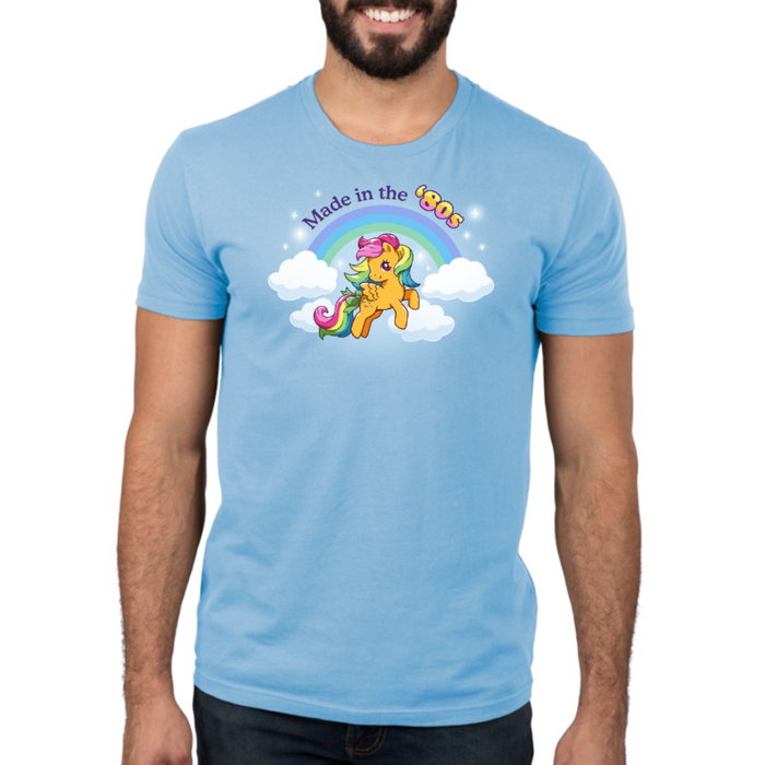 Premium Cotton T-shirt_TeeTurtle light blue Made In the '80s (Skydancer) Premium Cotton T-shirt featuring a cute version of My Little Pony Skydancer in front of a rainbow and the text "Made in the '80s"