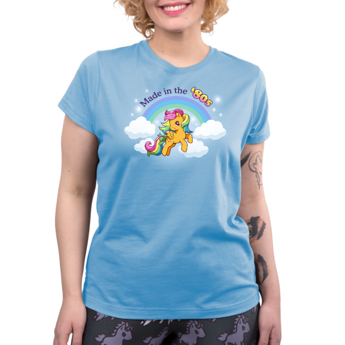 Premium Cotton T-shirt_TeeTurtle light blue Made In the '80s (Skydancer) Premium Cotton T-shirt featuring a cute version of My Little Pony Skydancer in front of a rainbow and the text "Made in the '80s"