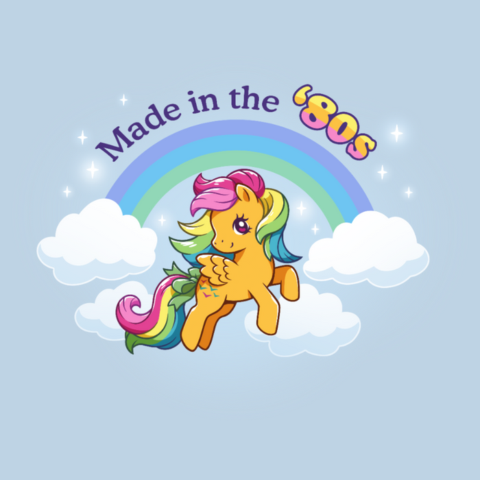 Classic Cotton T-shirt_TeeTurtle light blue Made In the '80s (Skydancer) Classic Cotton T-shirt featuring a cute version of My Little Pony Skydancer in front of a rainbow and the text "Made in the '80s"