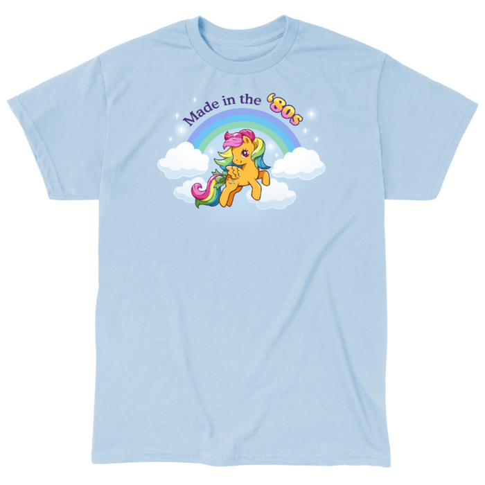 Classic Cotton T-shirt_TeeTurtle light blue Made In the '80s (Skydancer) Classic Cotton T-shirt featuring a cute version of My Little Pony Skydancer in front of a rainbow and the text "Made in the '80s"
