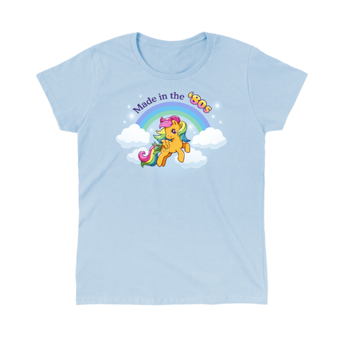 Classic Cotton T-shirt_TeeTurtle light blue Made In the '80s (Skydancer) Classic Cotton T-shirt featuring a cute version of My Little Pony Skydancer in front of a rainbow and the text "Made in the '80s"