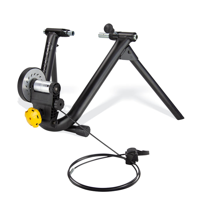 Saris MAG Plus Wheel-On Trainer — handlebar resistance knob and magnetic roller unit visible