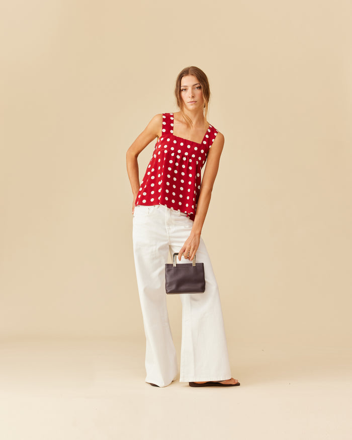 MARGIE TIE-BACK TOP GARNET POLKA DOT