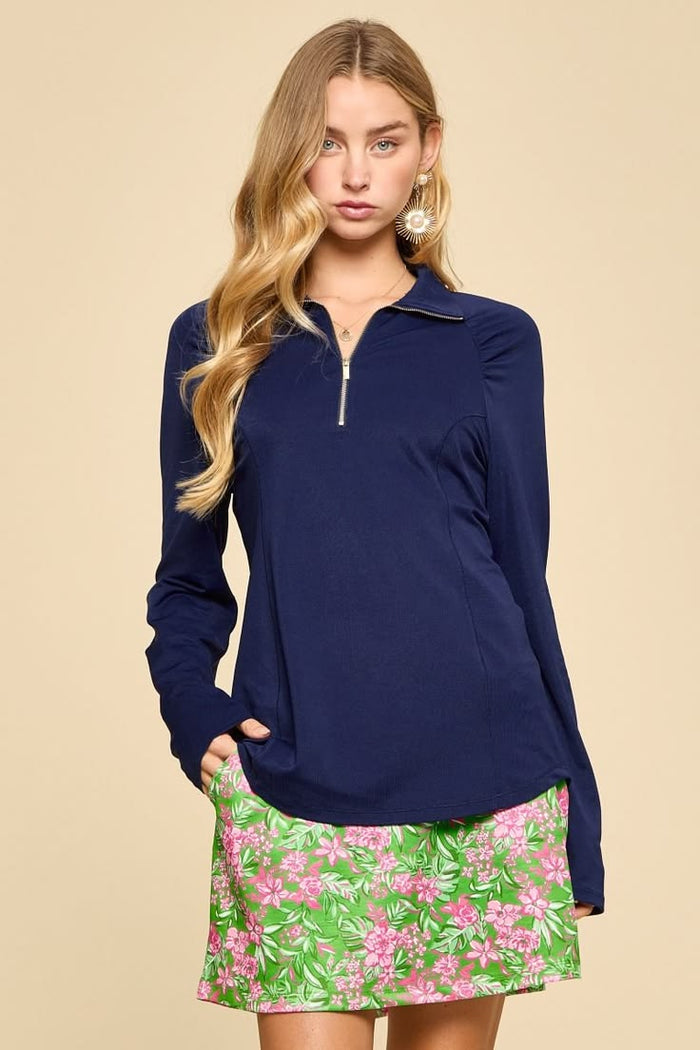 Marina Half-Zip Sporty-Chic Long Sleeve Blouse