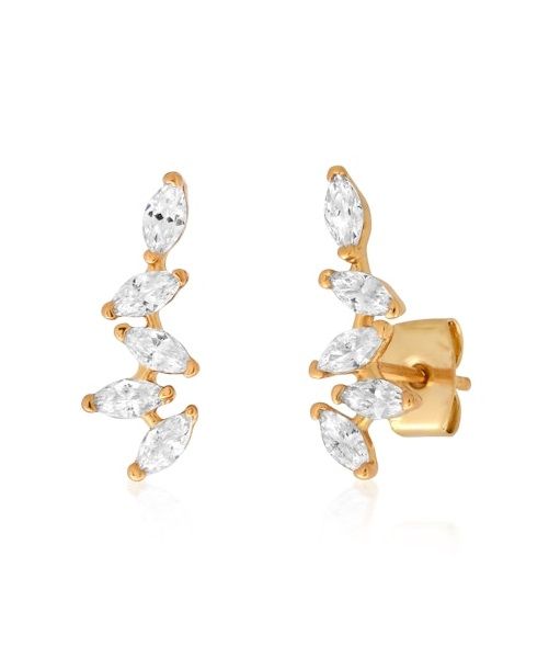 Gold-tone CZ crawler earrings with five marquise-cut stones and hinged back