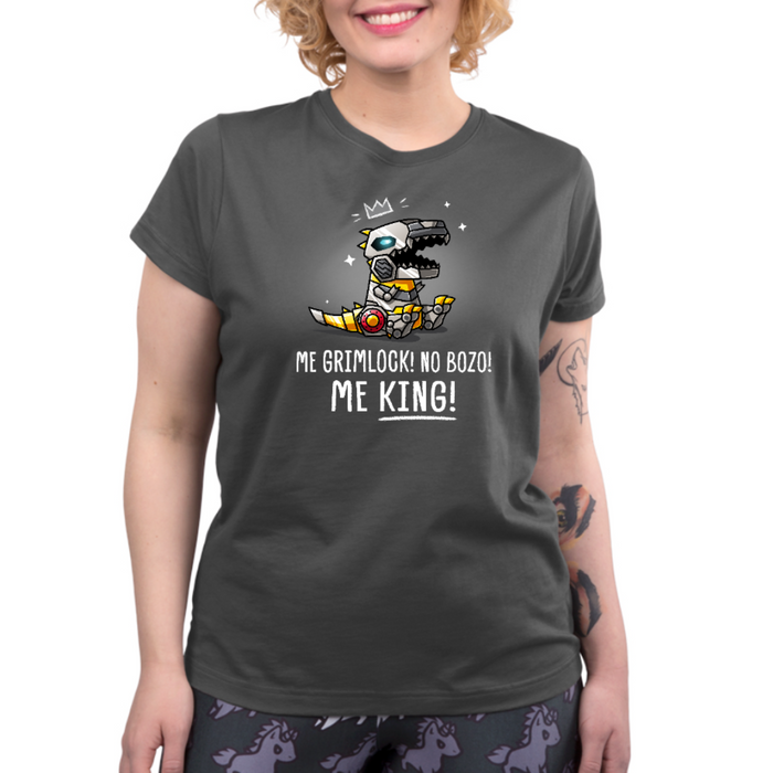 Premium Cotton T-shirt_TeeTurtle charcoal Me Grimlock! Premium Cotton T-shirt featuring Grimlock with a crown drawn over his head and the words "Me Grimlock! No Bozo! Me King!"