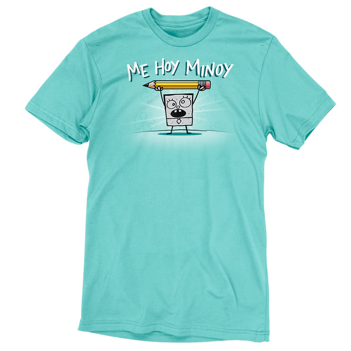 Premium Cotton T-shirt_TeeTurtle Caribbean blue Me Hoy Minoy apparel featuring DoodleBob from SpongeBob SquarePants yelling, “Me Hoy Minoy“ while holding up a pencil in the air with both arms, and floral outlines in the background.