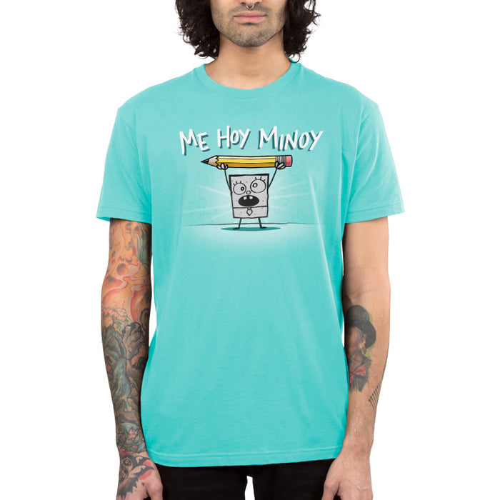 Premium Cotton T-shirt_TeeTurtle Caribbean blue Me Hoy Minoy apparel featuring DoodleBob from SpongeBob SquarePants yelling, “Me Hoy Minoy“ while holding up a pencil in the air with both arms, and floral outlines in the background.