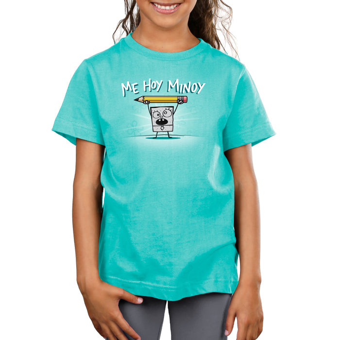 Premium Cotton T-shirt_TeeTurtle Caribbean blue Me Hoy Minoy apparel featuring DoodleBob from SpongeBob SquarePants yelling, “Me Hoy Minoy“ while holding up a pencil in the air with both arms, and floral outlines in the background.