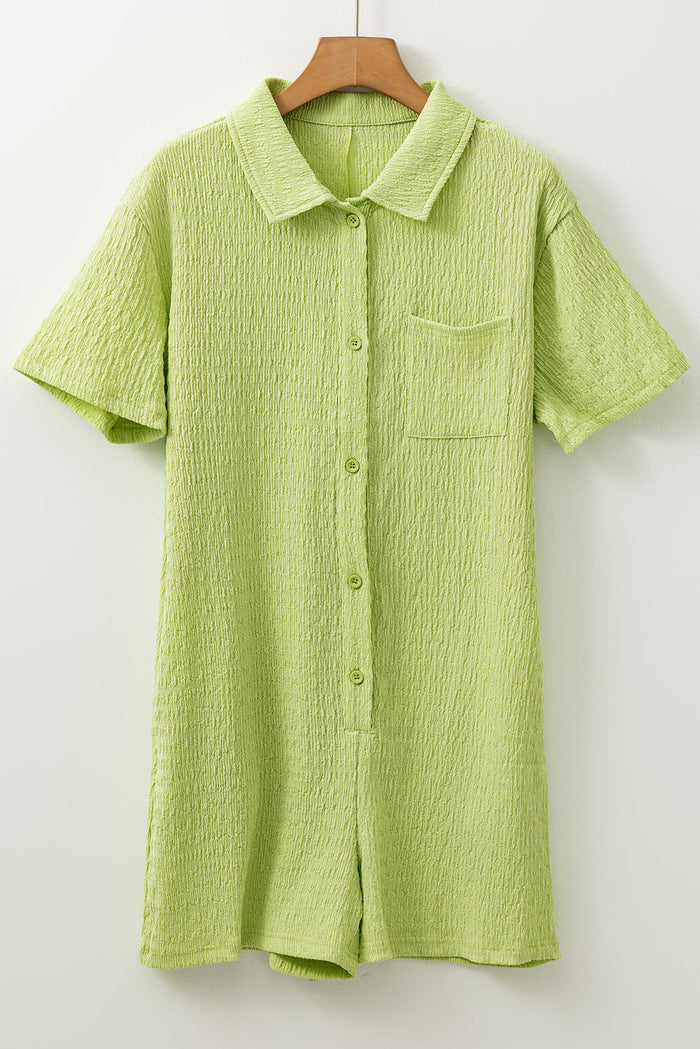 Meadow Mist Green Textured Short Sleeve Patched Pocket Buttoned Shirt Romper - S / 97% Polyester + 3% Elastane