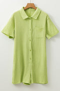 Meadow Mist Green Textured Short Sleeve Patched Pocket Buttoned Shirt Romper - S / 97% Polyester + 3% Elastane
