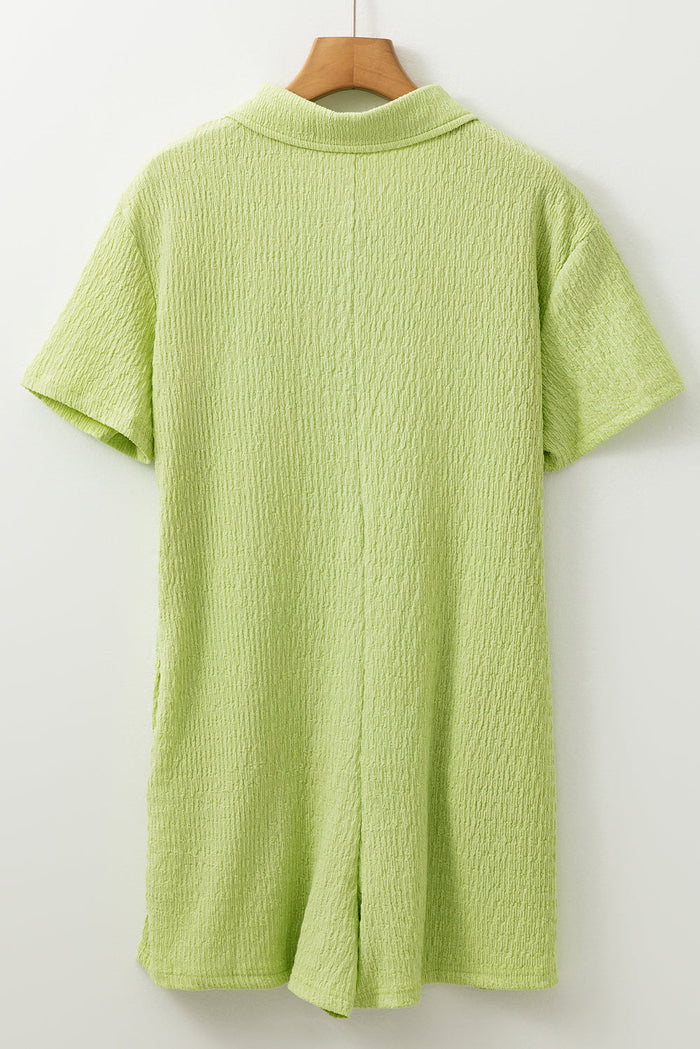 Meadow Mist Green Textured Short Sleeve Patched Pocket Buttoned Shirt Romper - Bottoms/Jumpsuits & Rompers
