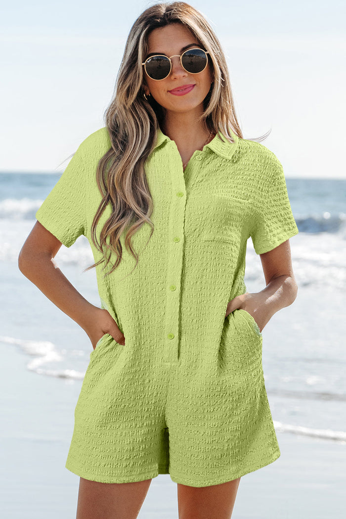 Meadow Mist Green Textured Short Sleeve Patched Pocket Buttoned Shirt Romper - Bottoms/Jumpsuits & Rompers