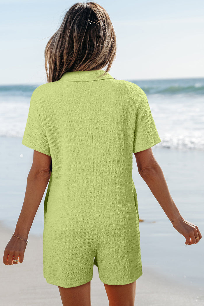 Meadow Mist Green Textured Short Sleeve Patched Pocket Buttoned Shirt Romper - Bottoms/Jumpsuits & Rompers