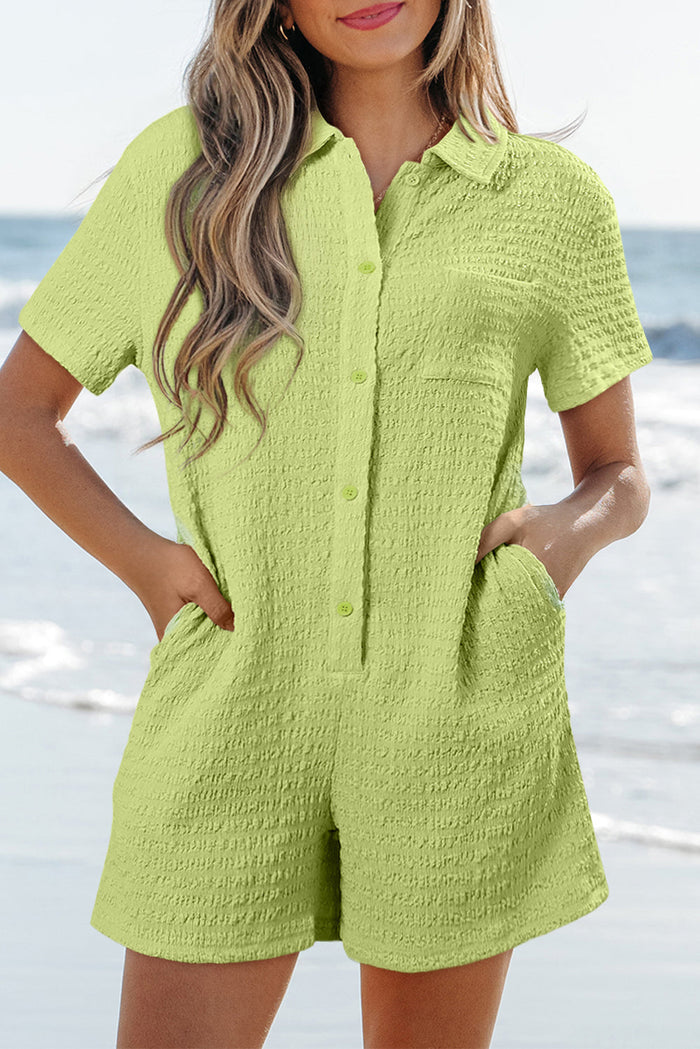 Meadow Mist Green Textured Short Sleeve Patched Pocket Buttoned Shirt Romper - Bottoms/Jumpsuits & Rompers