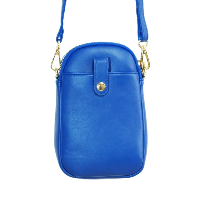 Medicine Turtle Phone Bag in blue synthetic leather with adjustable strap and sleek design.