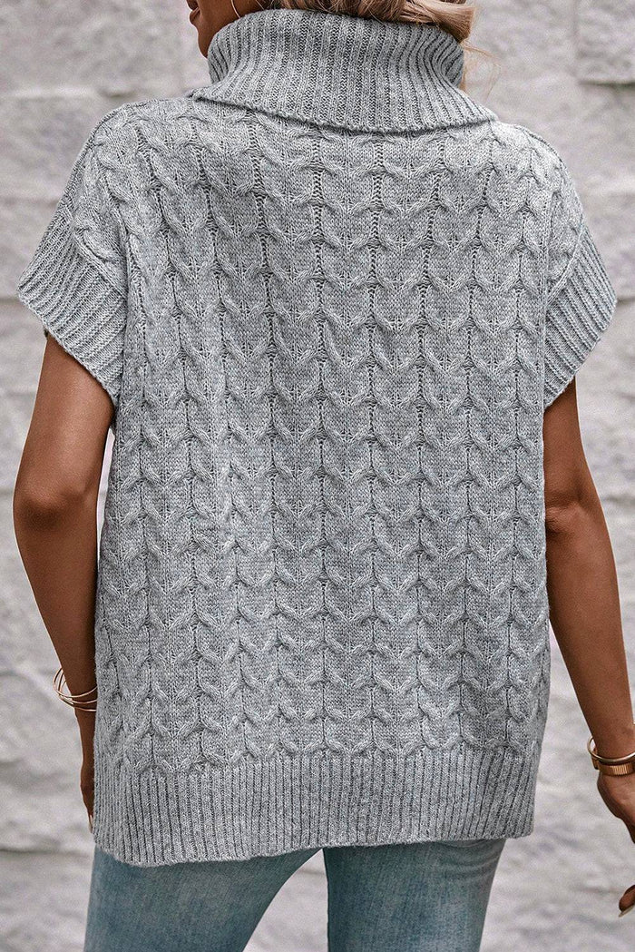 Medium Grey Cable Knit Turtleneck Batwing Sleeve Sweater - Sweaters & Cardigans/Short