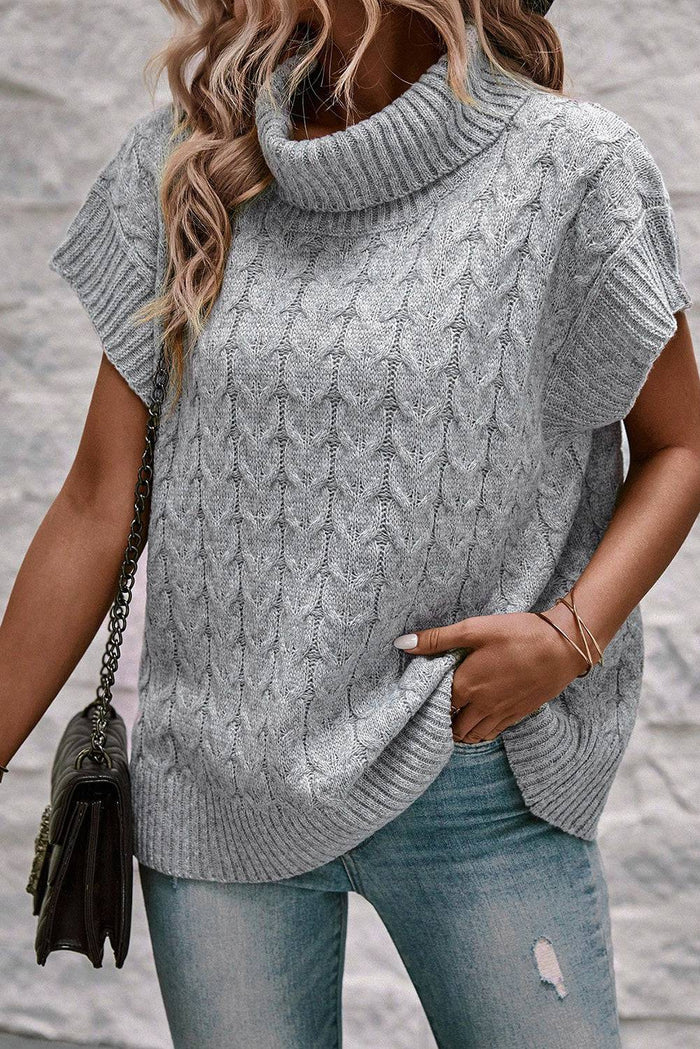 Medium Grey Cable Knit Turtleneck Batwing Sleeve Sweater - Sweaters & Cardigans/Short