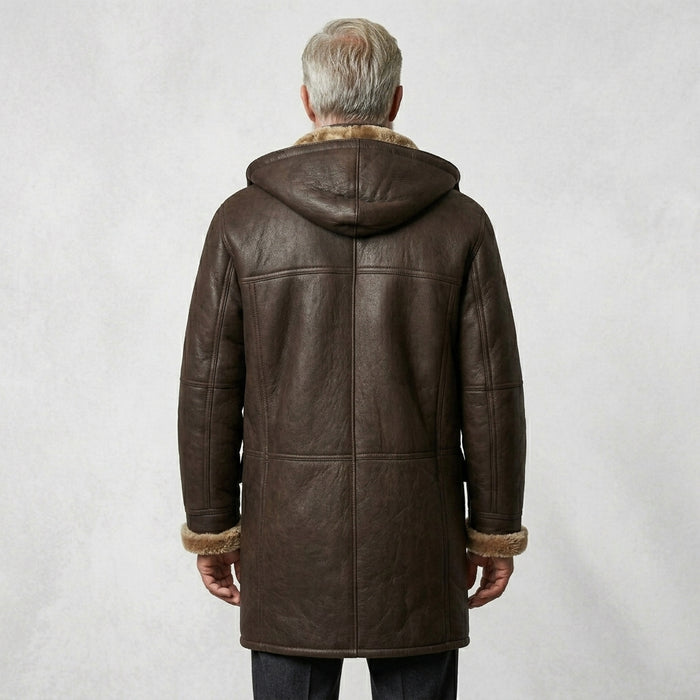 Men’s Brown Shearling Hooded Coat – Genuine Shearling Winter Coat