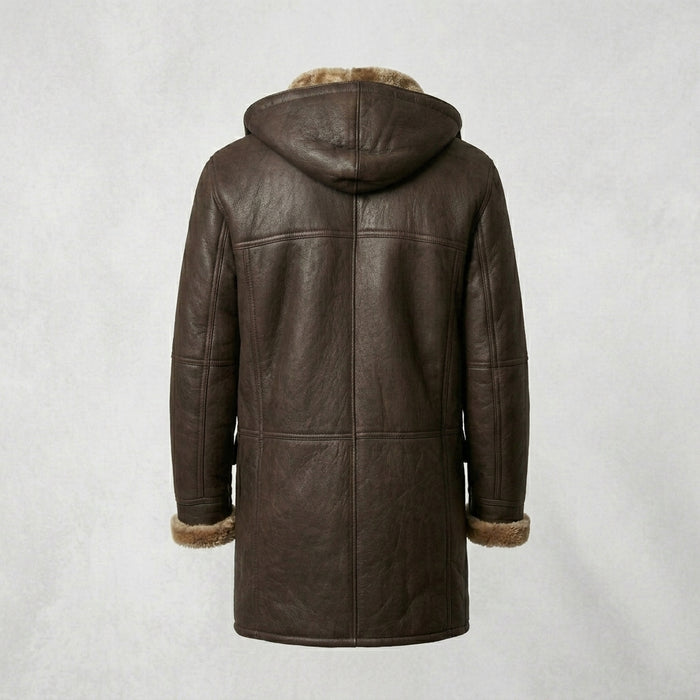 Men’s Brown Shearling Hooded Coat – Genuine Shearling Winter Coat