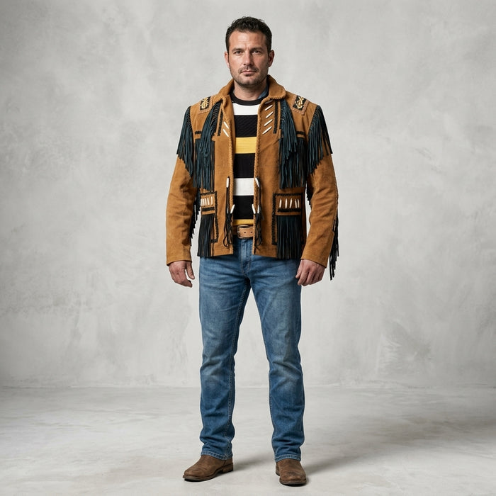 Men’s Cowboy Western Fringed Brown Leather Jacket