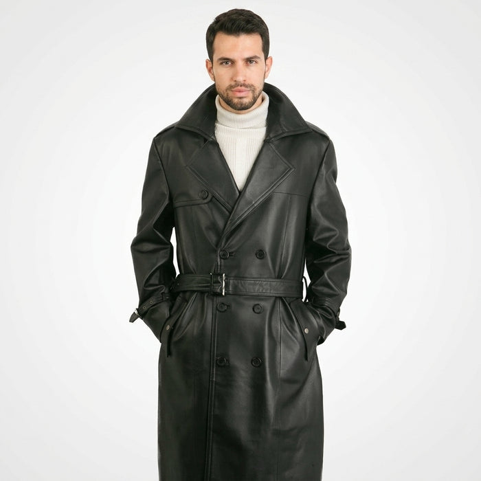 Men’s Genuine Leather Trench Coat – Classic Long Leather Overcoat