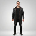 Men’s Shearling Lined Black Leather Trench Coat – Luxury Winter Overcoat