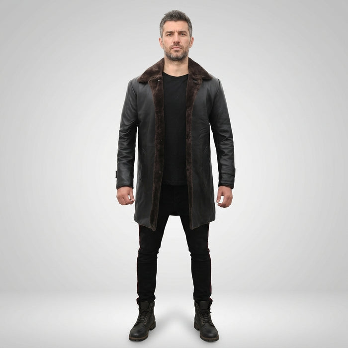 Men’s Shearling Lined Black Leather Trench Coat – Luxury Winter Overcoat