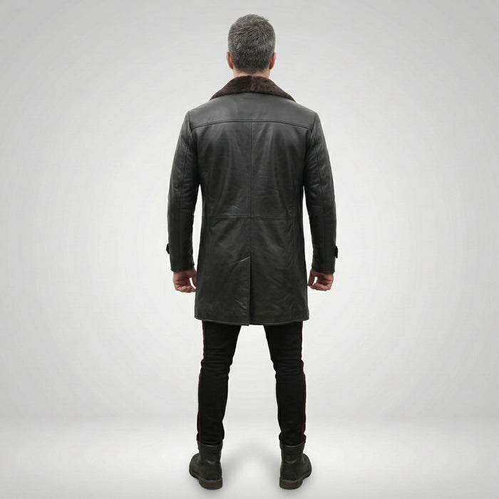 Men’s Shearling Lined Black Leather Trench Coat – Luxury Winter Overcoat