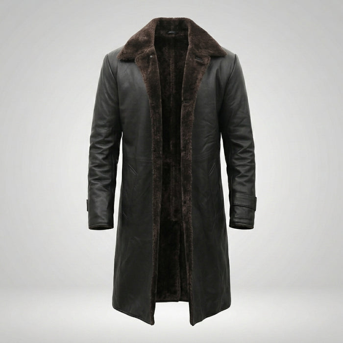 Men’s Shearling Lined Black Leather Trench Coat – Luxury Winter Overcoat