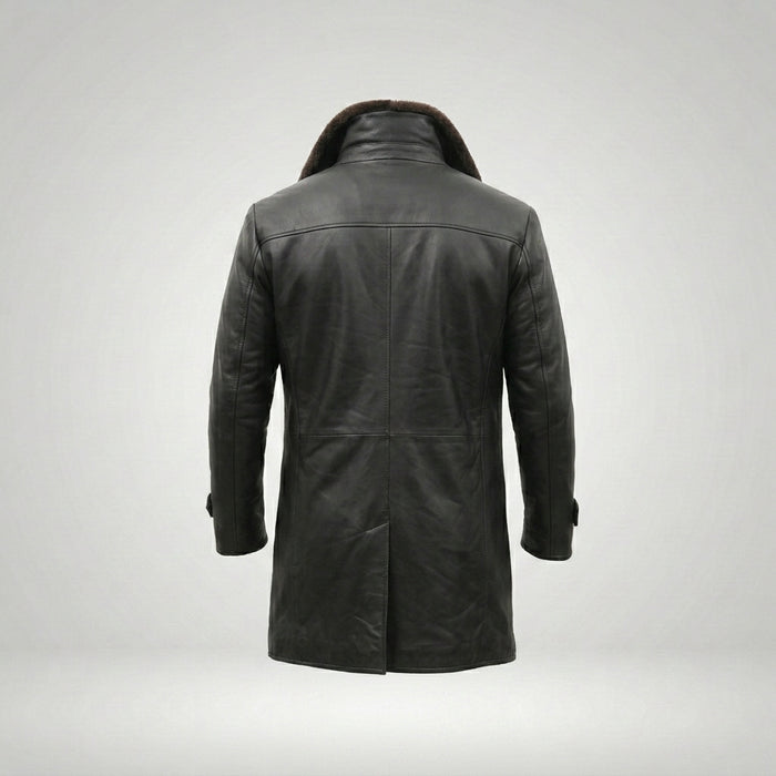 Men’s Shearling Lined Black Leather Trench Coat – Luxury Winter Overcoat